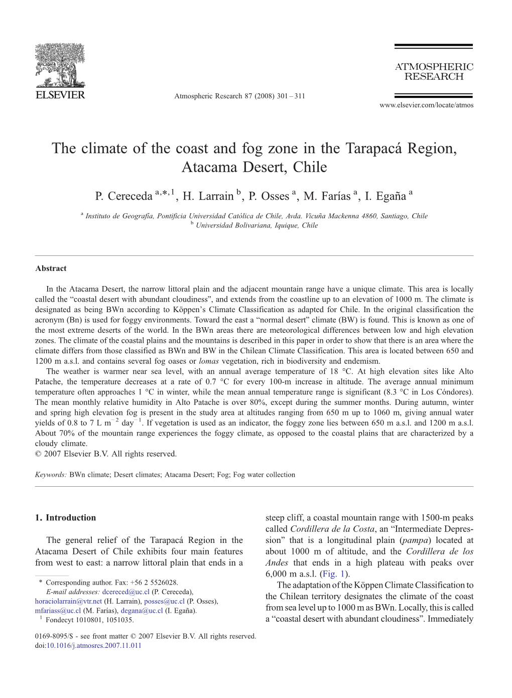 The Climate of the Coast and Fog Zone in the Tarapacￃﾡ Region, Atacama