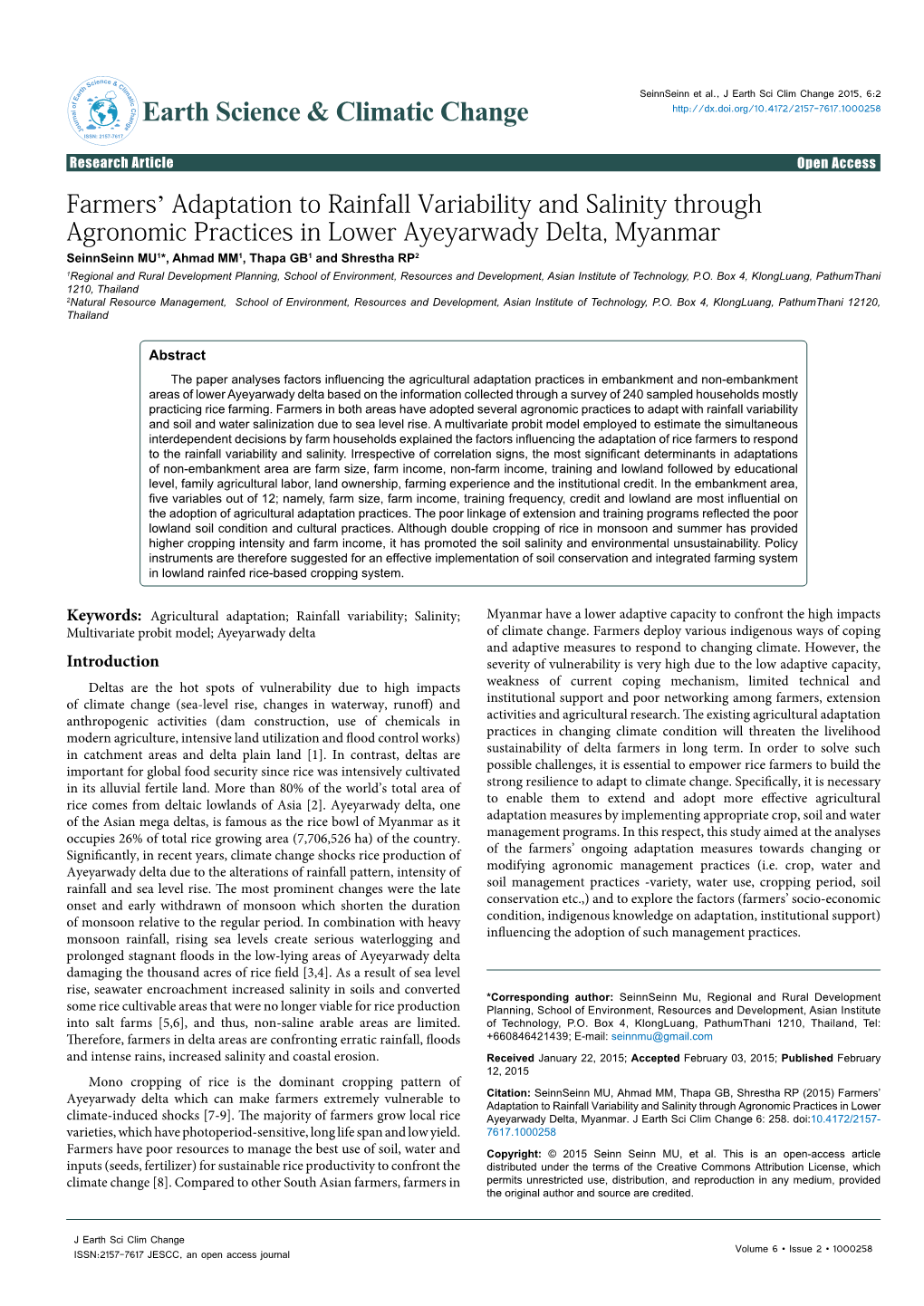 Farmers' Adaptation to Rainfall Variability and Salinity Through