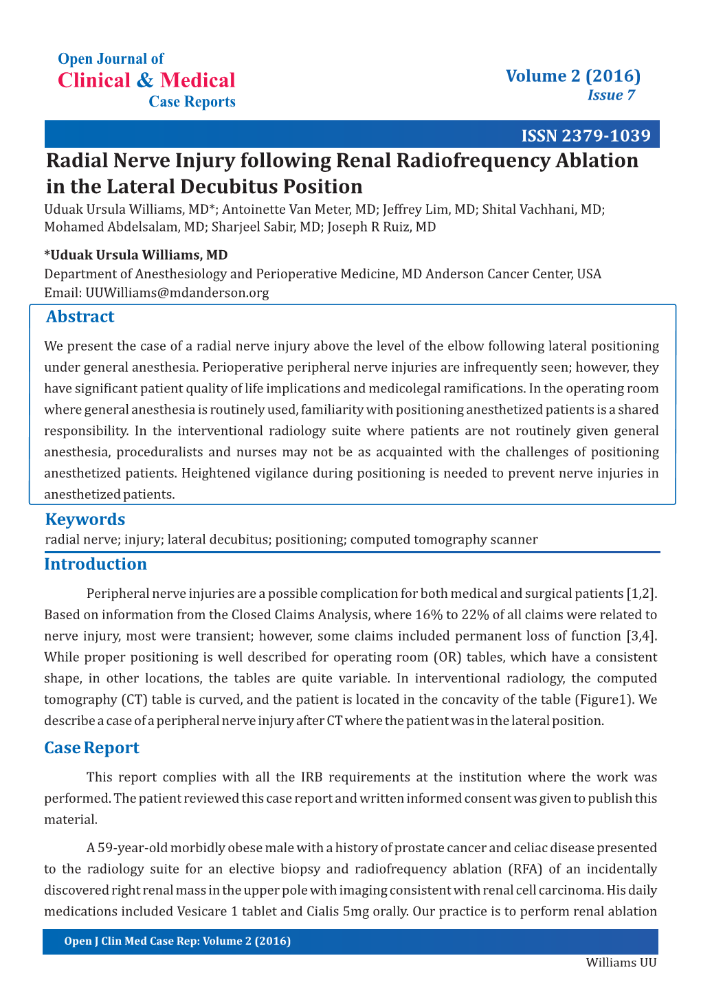 Clinical Medical & Radial Nerve Injury Following Renal Radiofrequency Ablation in the Lateral Decubitus Position