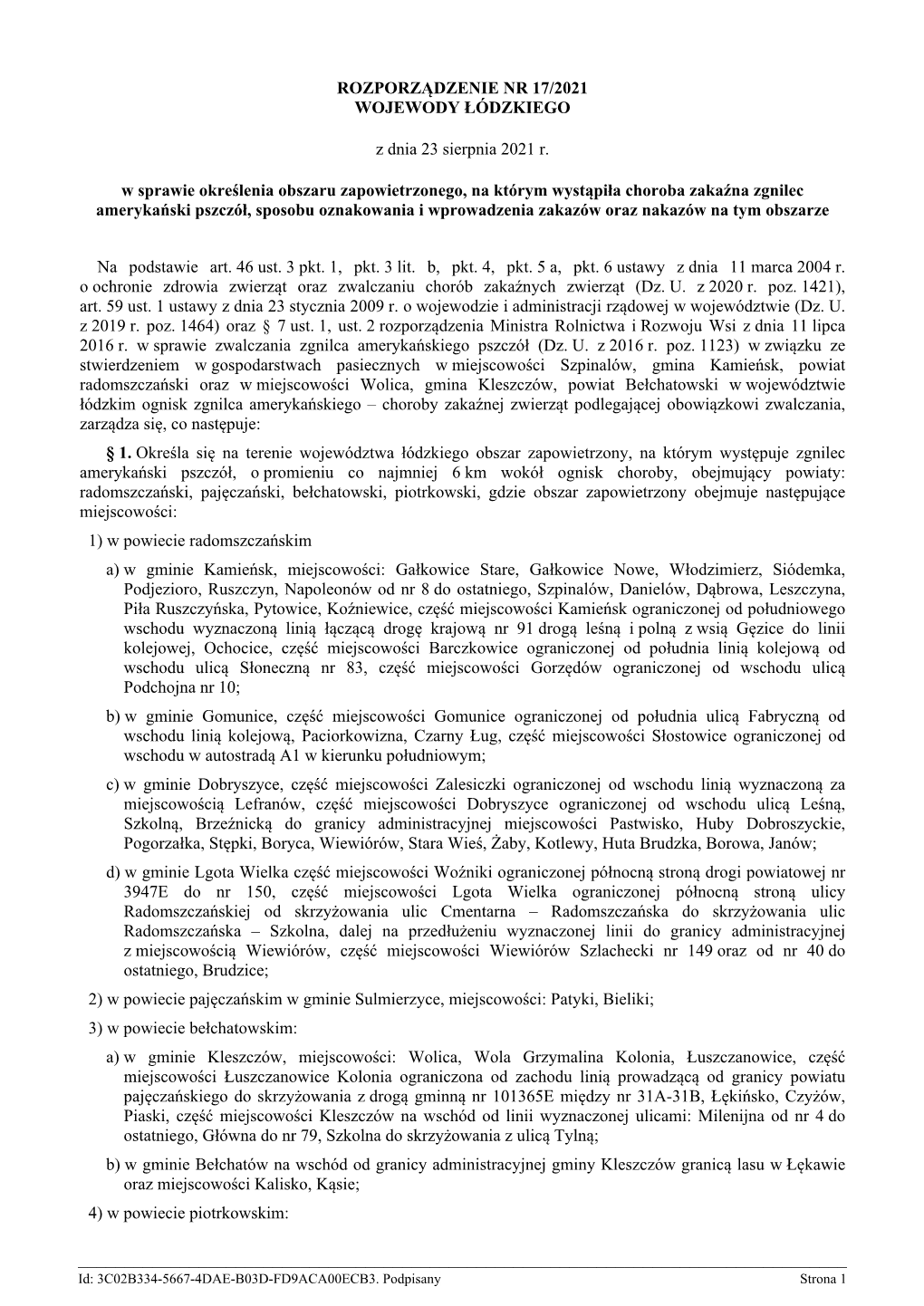 Rozporządzenie Nr 17/2021 Wojewody Łódzkiego