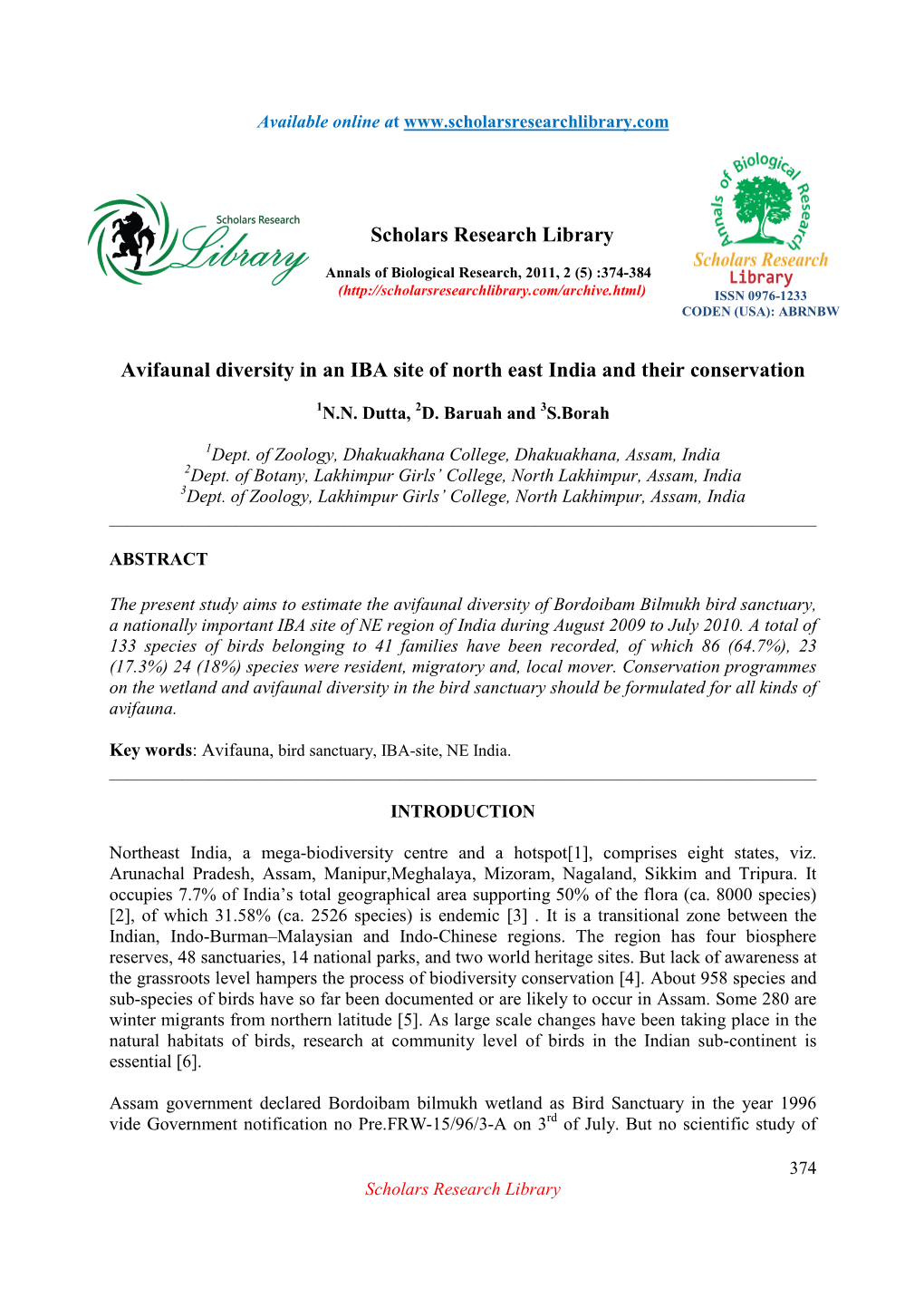 Scholars Research Library Avifaunal Diversity in an IBA Site of North East