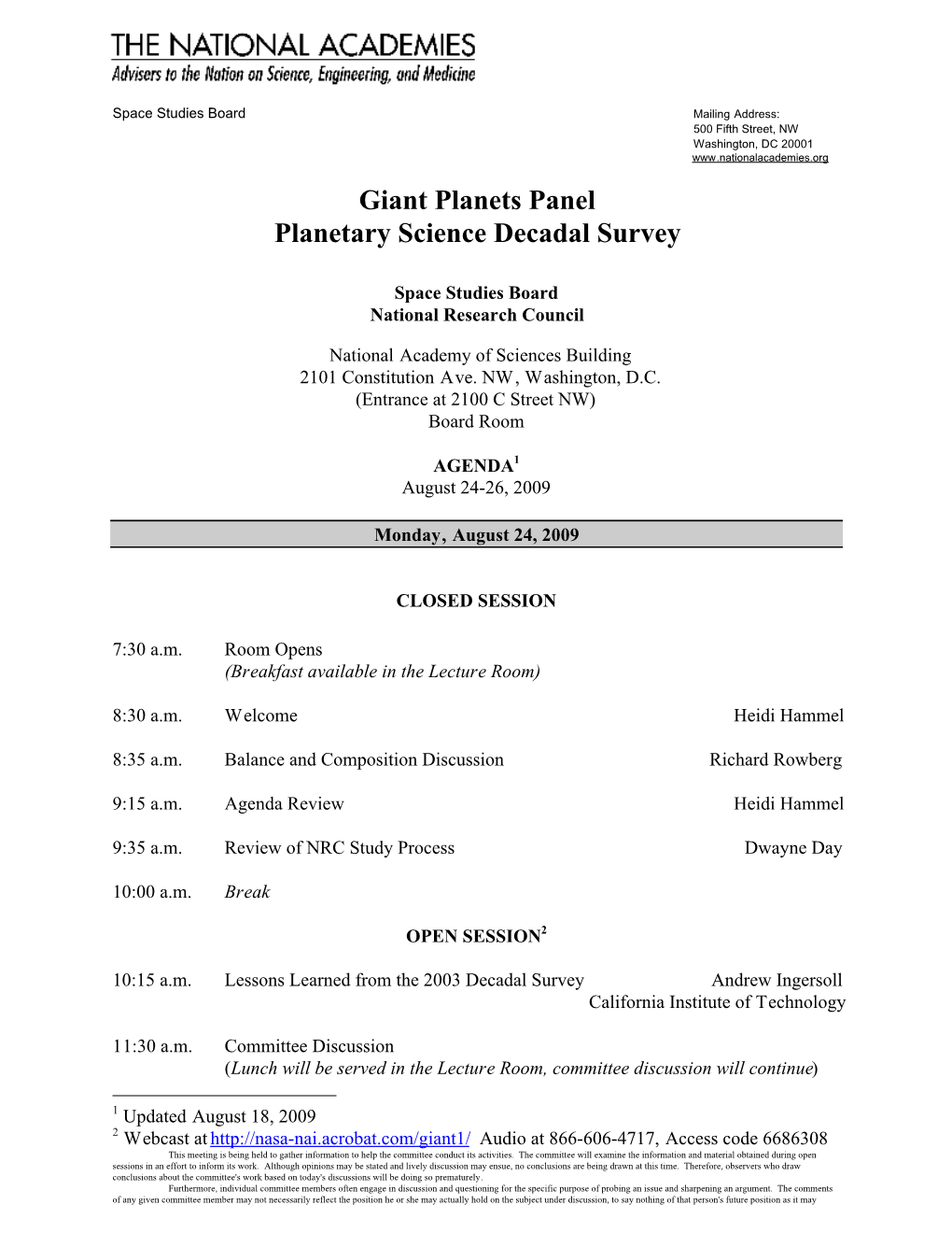 Giant Planets Panel Planetary Science Decadal Survey