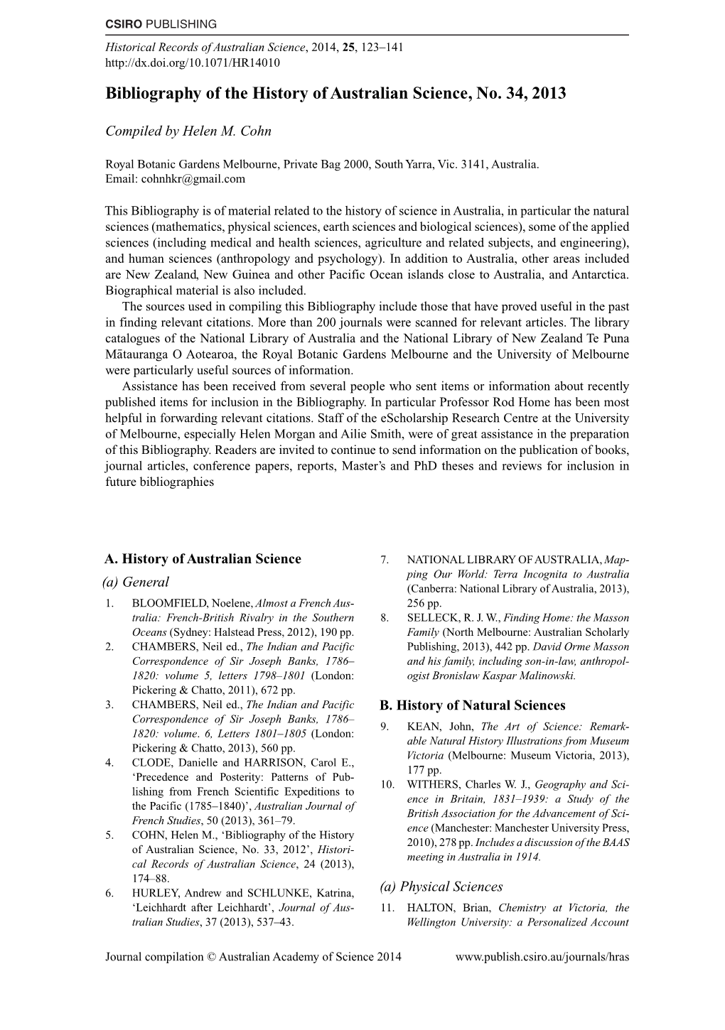 Bibliography of the History of Australian Science, No. 34, 2013