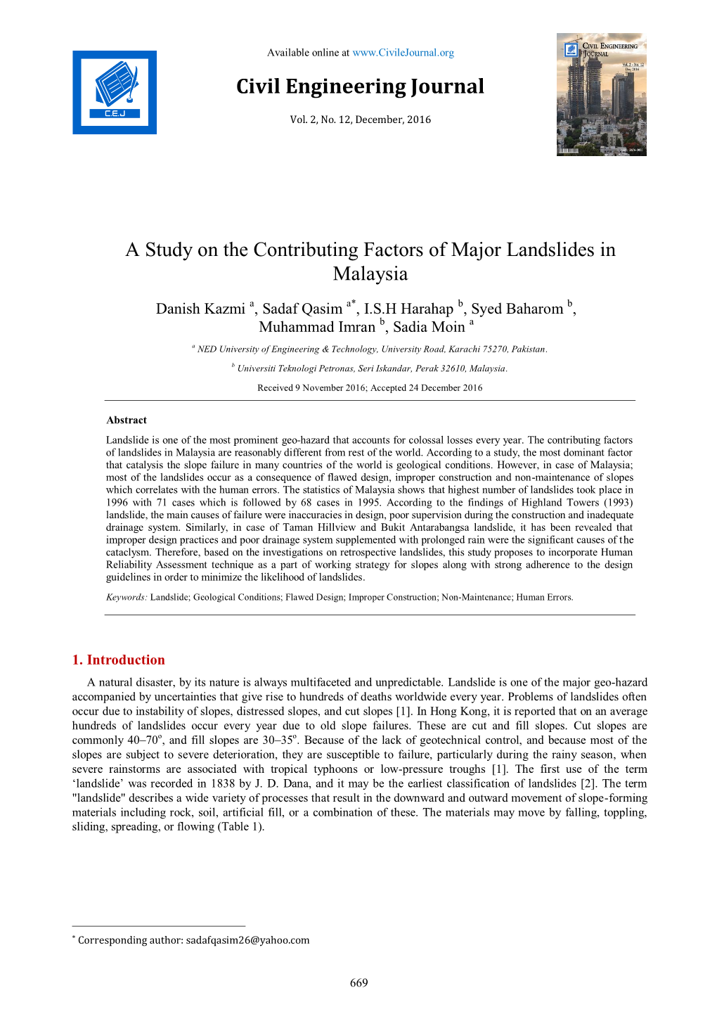 A Study on the Contributing Factors of Major Landslides in Malaysia