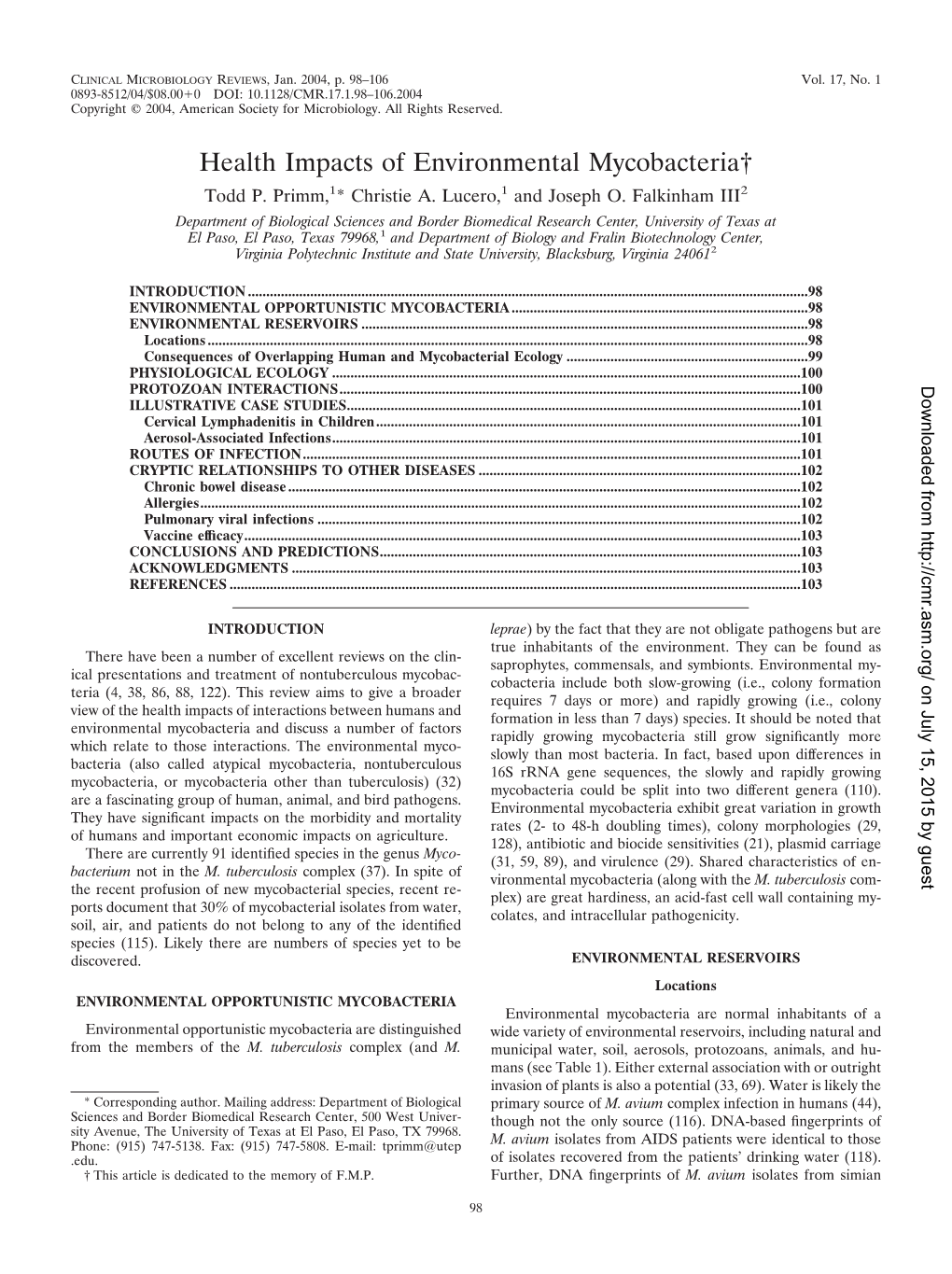 Health Impacts of Environmental Mycobacteria† Todd P