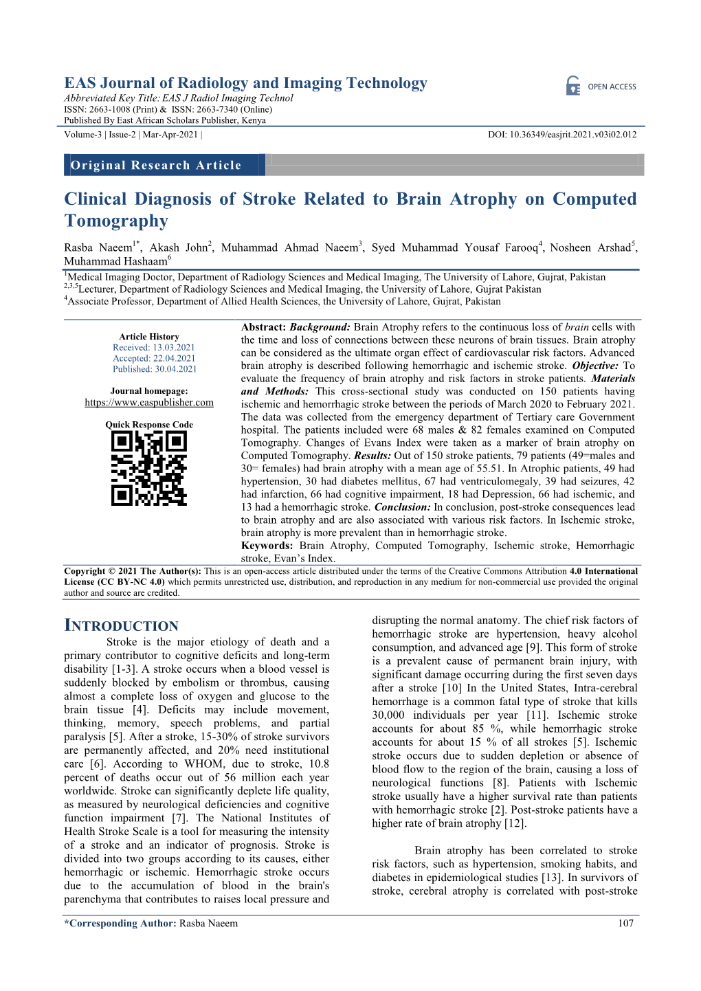 Clinical Diagnosis of Stroke Related to Brain Atrophy on Computed Tomography