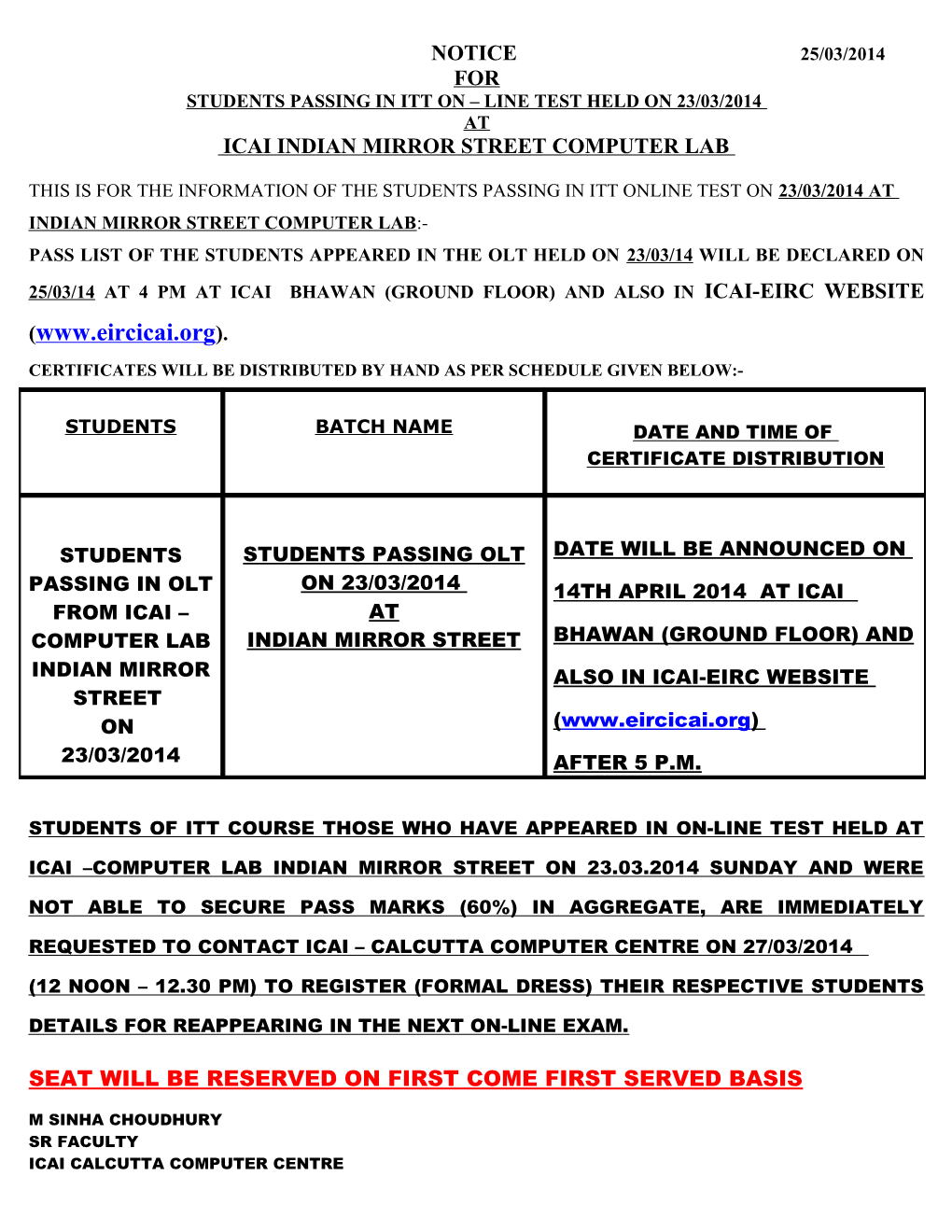 Students Passing in Itt on Line Test Held on 23/03/2014