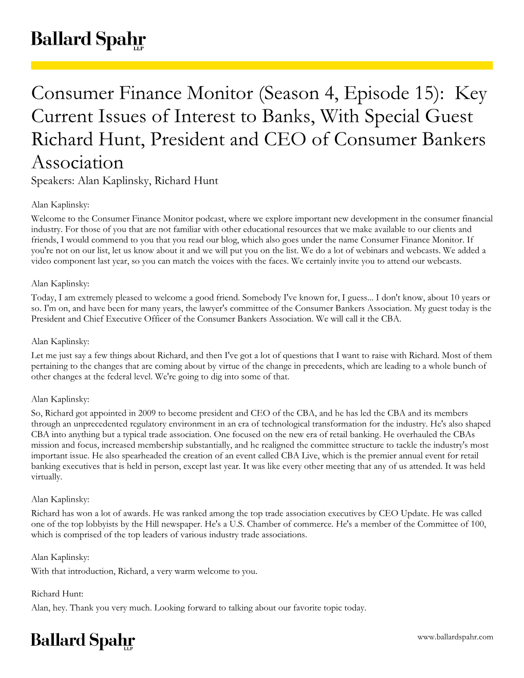 Consumer Finance Monitor (Season 4, Episode 15): Key Current Issues of Interest to Banks, with Special Guest Richard Hunt, Pres