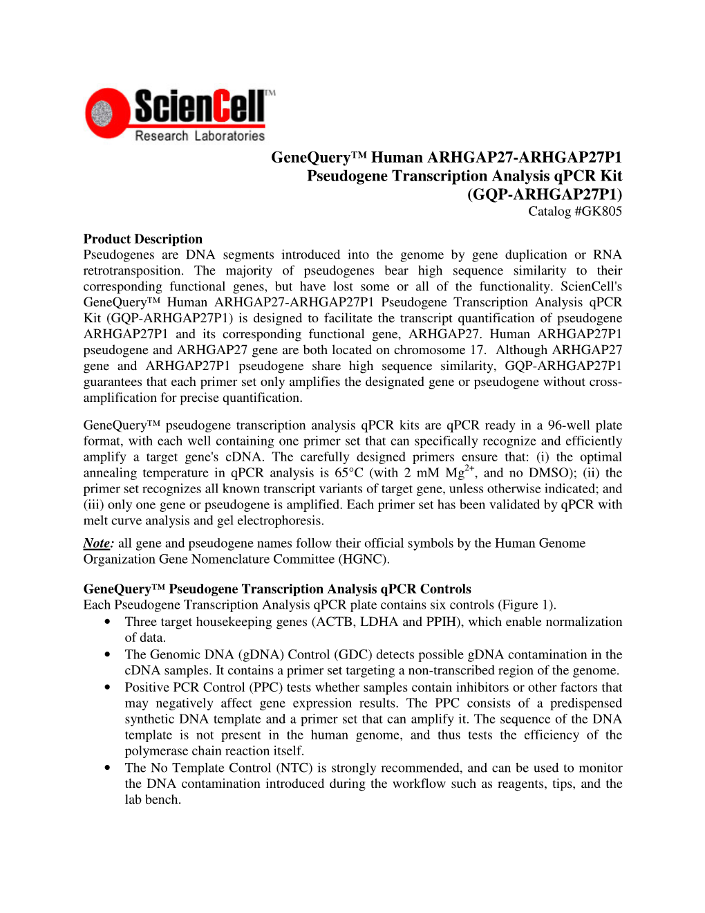 Genequery™ Human ARHGAP27-ARHGAP27P1 Pseudogene Transcription Analysis Qpcr Kit (GQP-ARHGAP27P1)