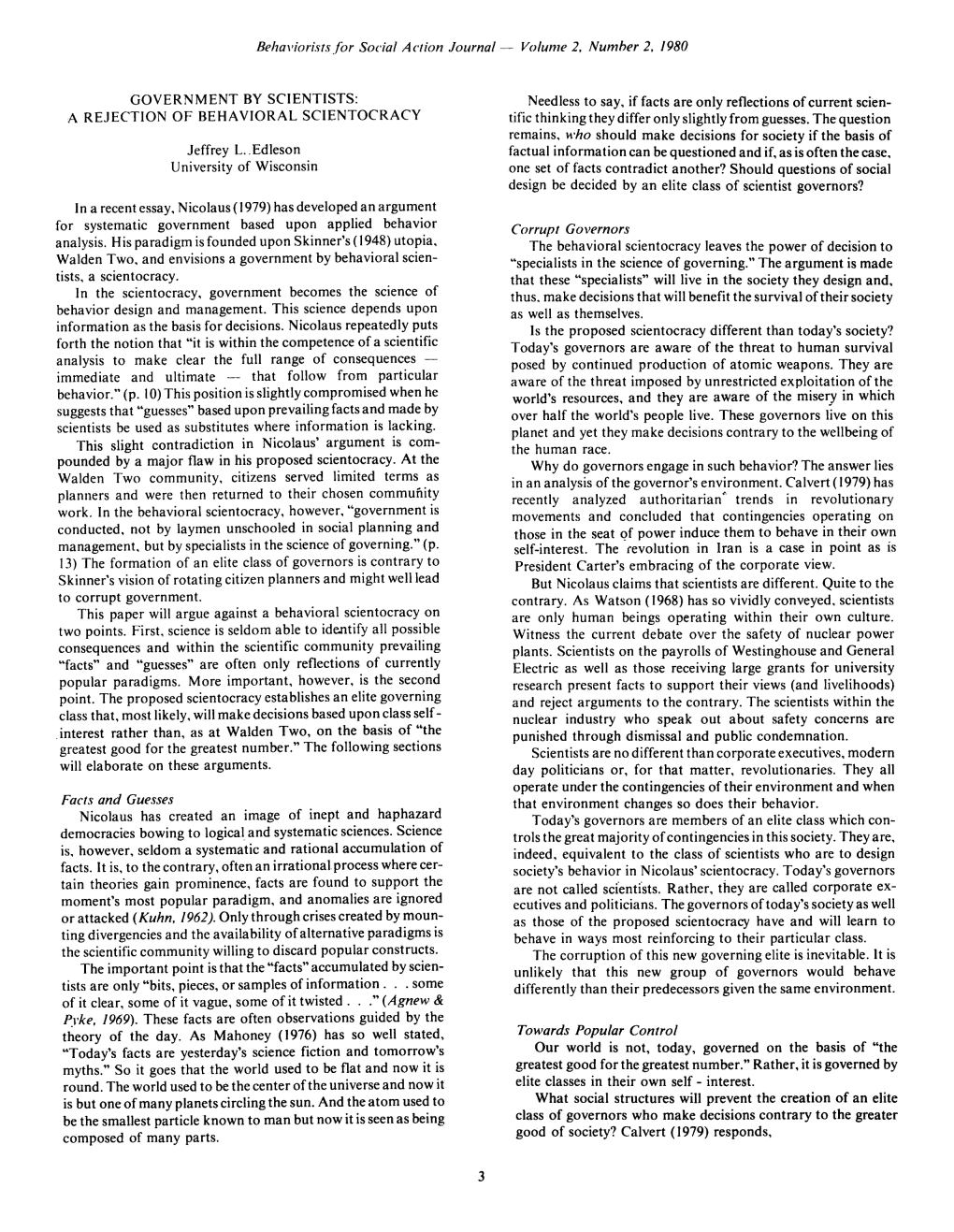 Behavioristsfor Social Action Journal~· Volume 2, Number 2, 1980 GO