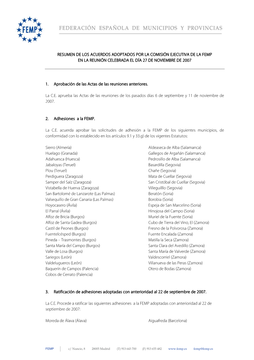 Resumen De Los Acuerdos Adoptados Por La Comisión Ejecutiva De La Femp En La Reunión Celebrada El Día 27 De Noviembre De 2007