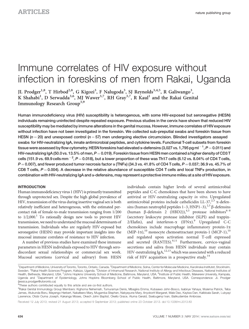 Immune Correlates of HIV Exposure Without Infection in Foreskins of Men from Rakai, Uganda