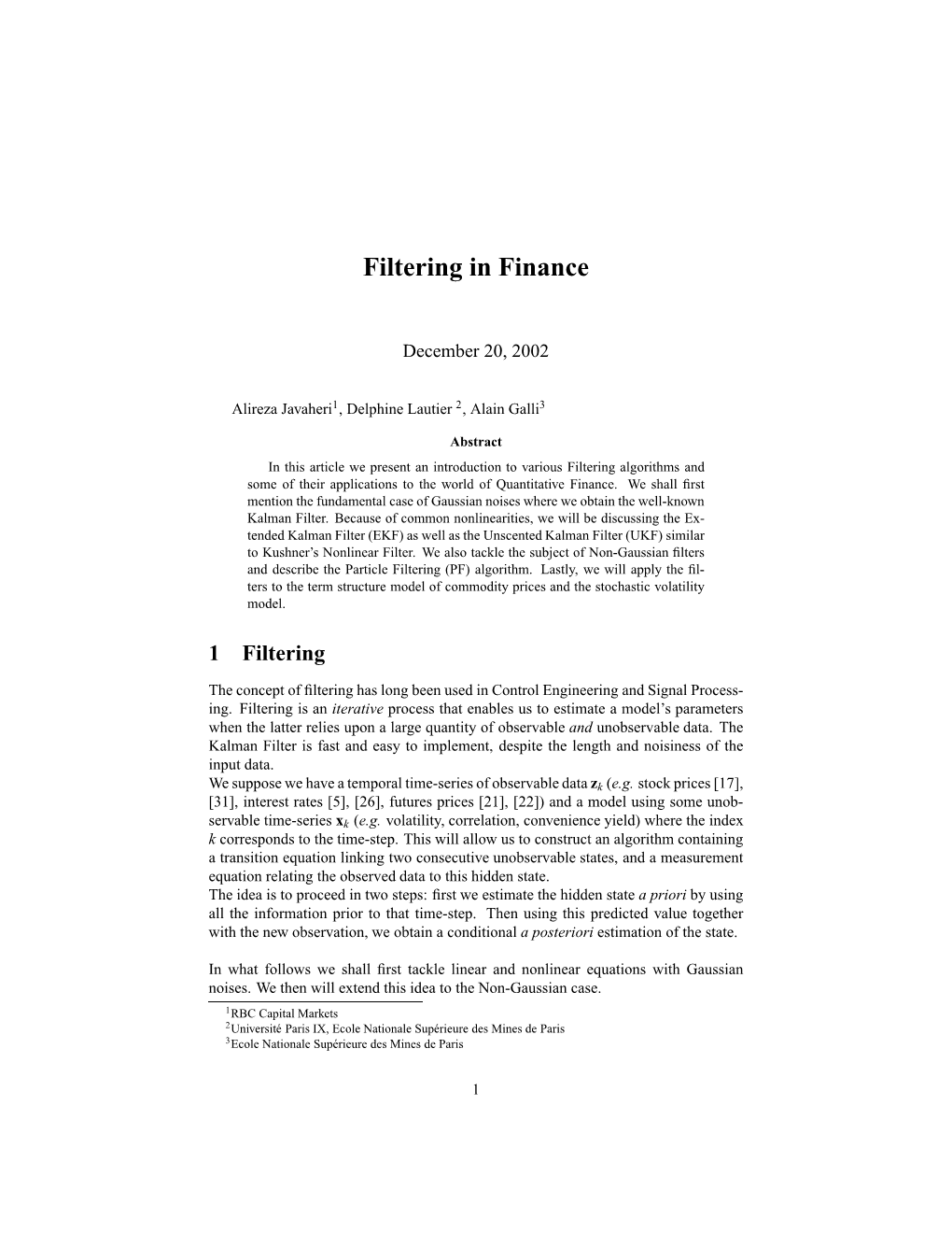 Filtering in Finance