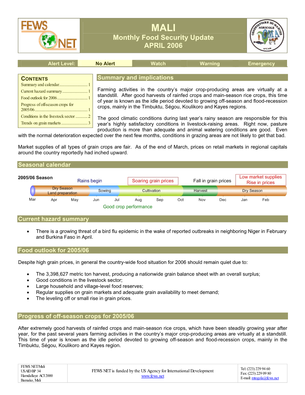 Mali Monthly Food Security Update, April 2006