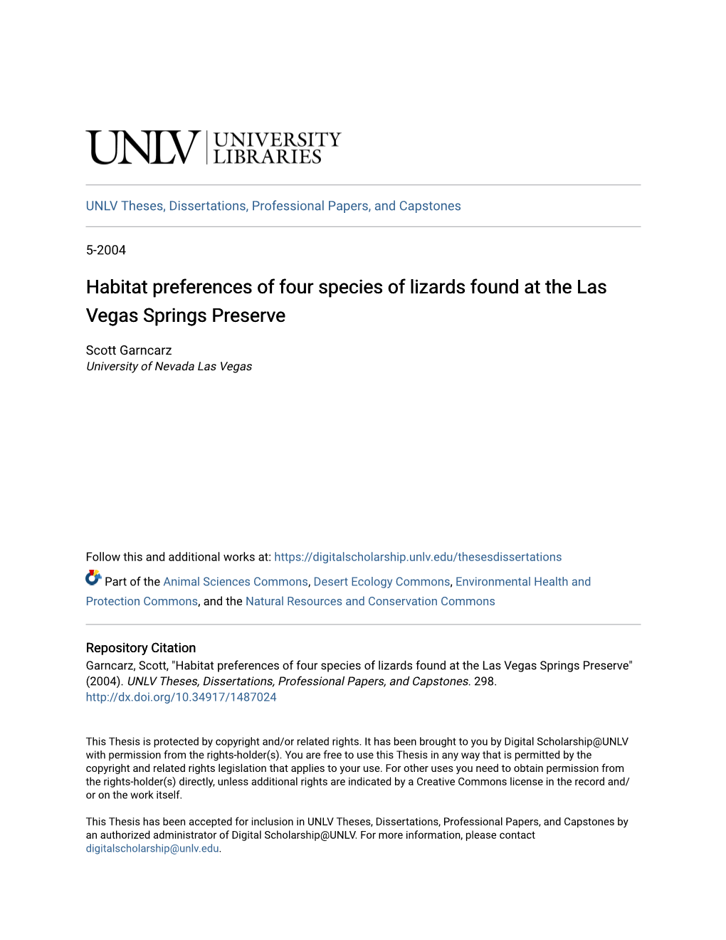 Habitat Preferences of Four Species of Lizards Found at the Las Vegas Springs Preserve