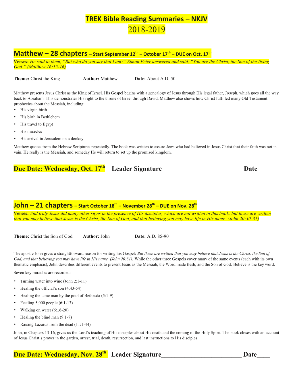 TREK Bible Reading Summaries – NKJV Matthew – 28 Chapters – Start