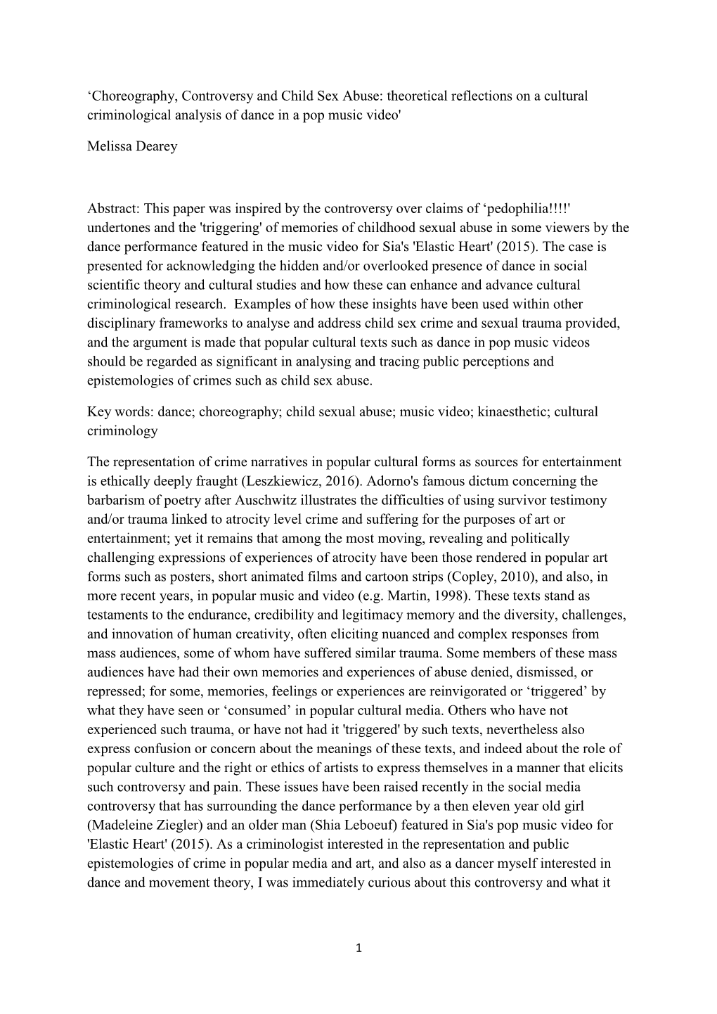 Choreography, Controversy and Child Sex Abuse: Theoretical Reflections on a Cultural Criminological Analysis of Dance in a Pop Music Video'