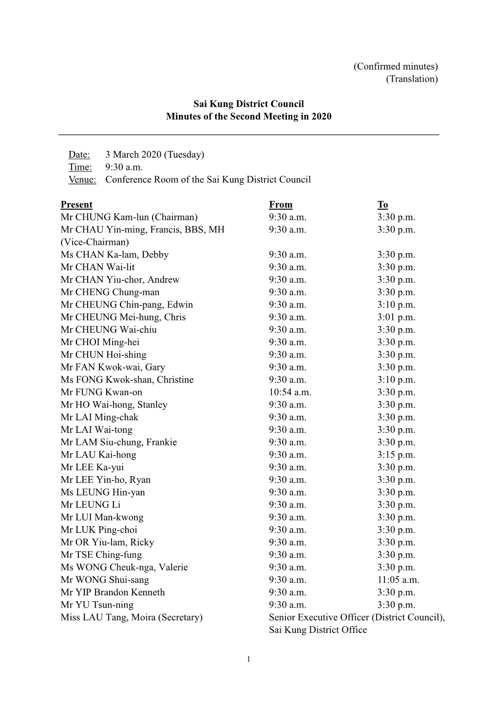 (Confirmed Minutes) (Translation) Sai Kung District Council Minutes of the Second Meeting in 2020 Date: 3 March 2020 (Tuesday) T