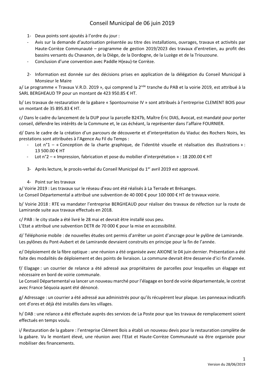 Conseil Municipal De 06 Juin 2019