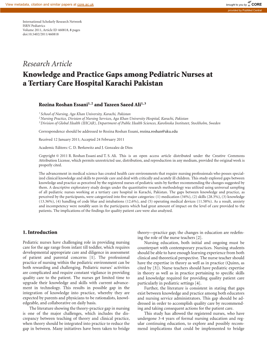 Research Article Knowledge and Practice Gaps Among Pediatric Nurses at a Tertiary Care Hospital Karachi Pakistan