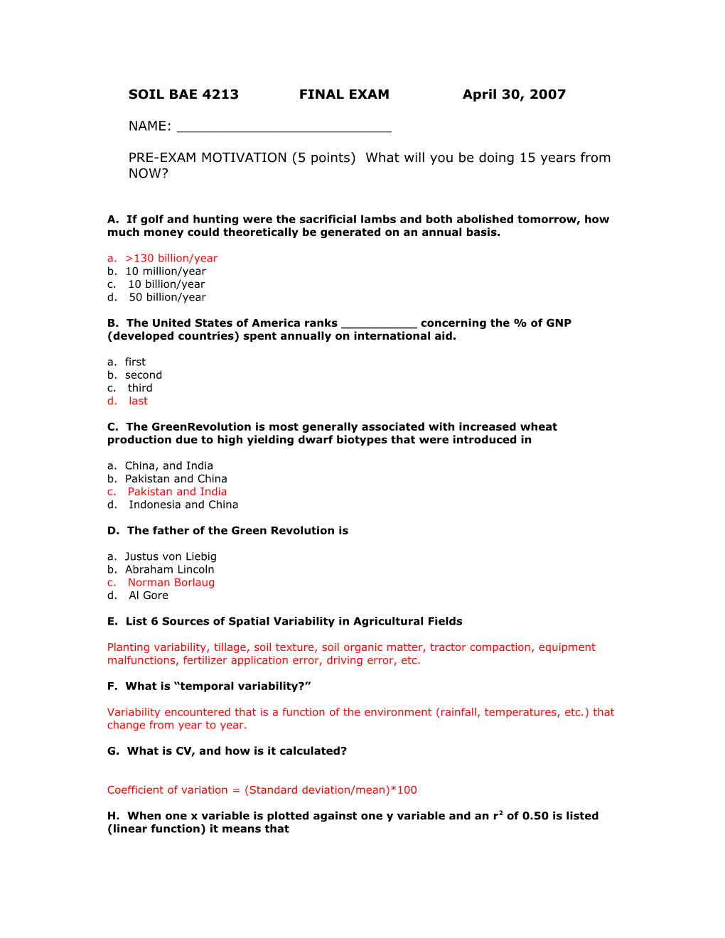 SOIL BAE 4213 FINAL EXAM April 30, 2007