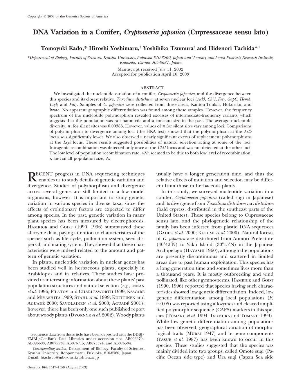 DNA Variation in a Conifer, Cryptomeria Japonica (Cupressaceae Sensu Lato)