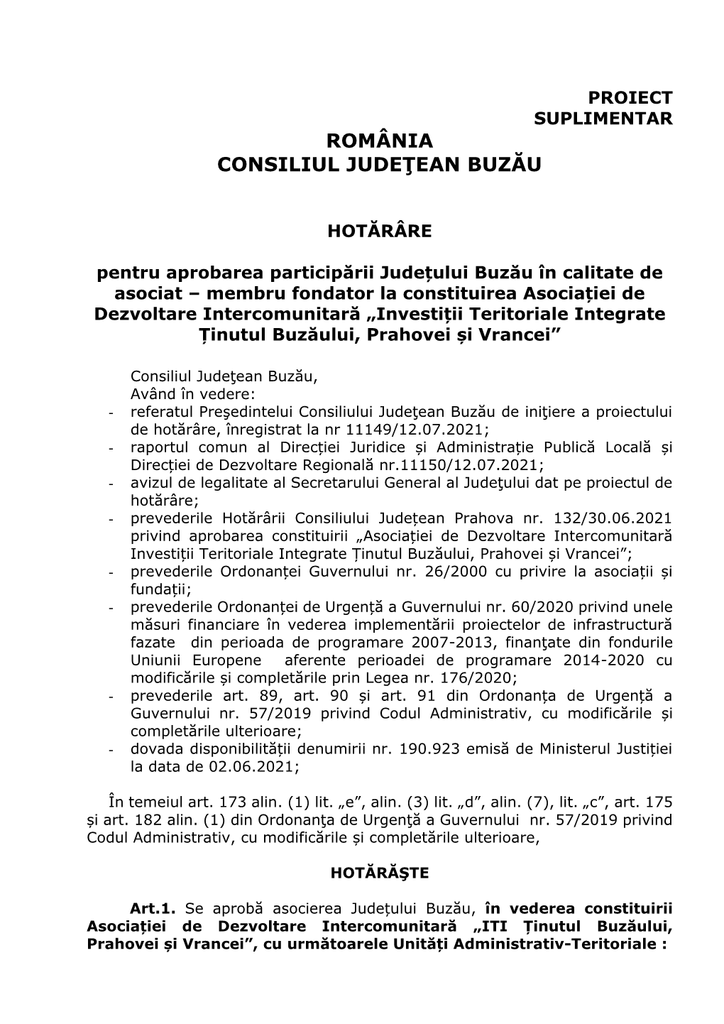 Proiect De Hotărâre Nr. 144/12.07.2021 Pentru Aprobarea