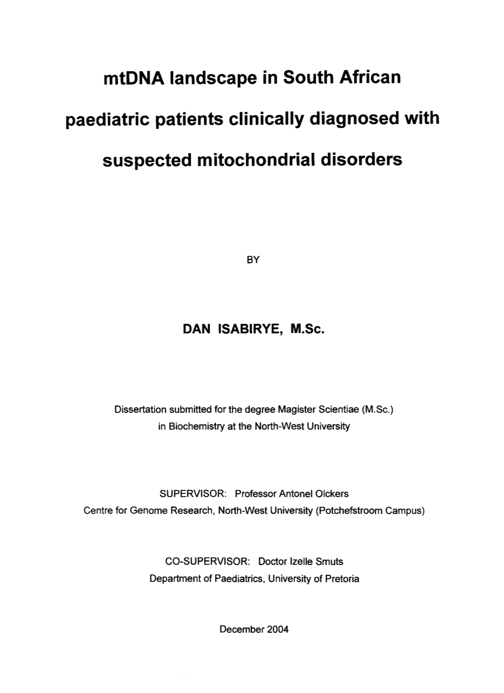 Mtdna Landscape in South African Paediatric Patients Clinically Diagnosed With