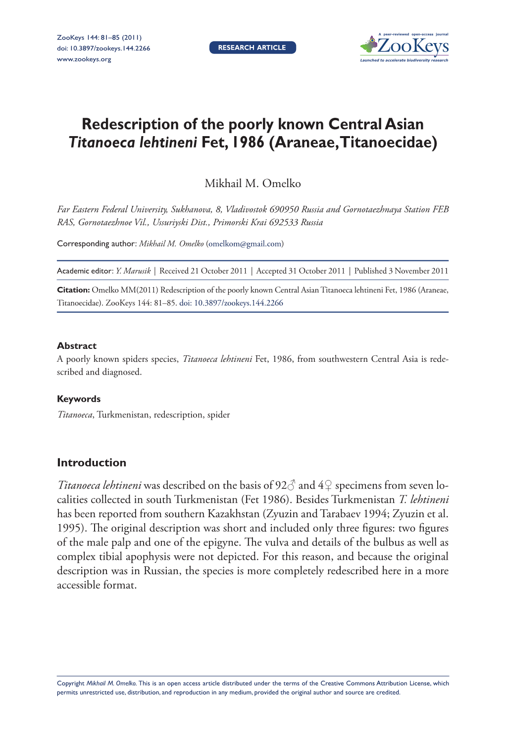 Redescription of the Poorly Known Central Asian Titanoeca Lehtineni Fet, 1986 (Araneae, Titanoecidae)