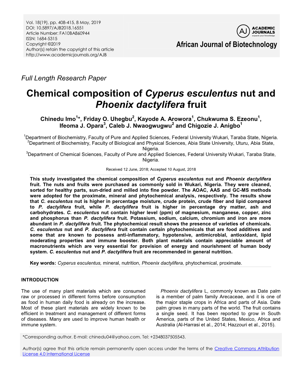 Chemical Composition of Cyperus Esculentus Nut and Phoenix Dactylifera Fruit