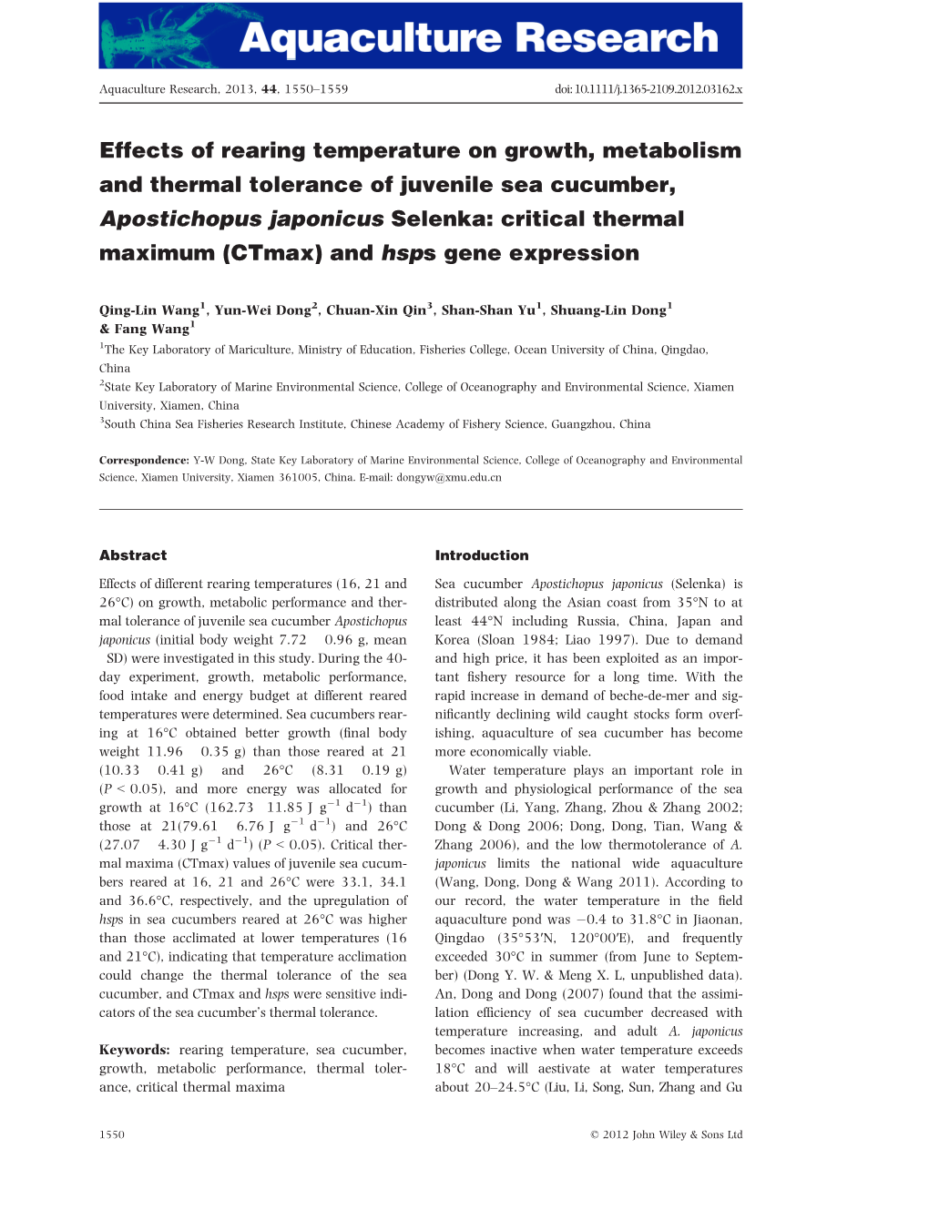 Effects of Rearing Temperature on Growth, Metabolism and Thermal