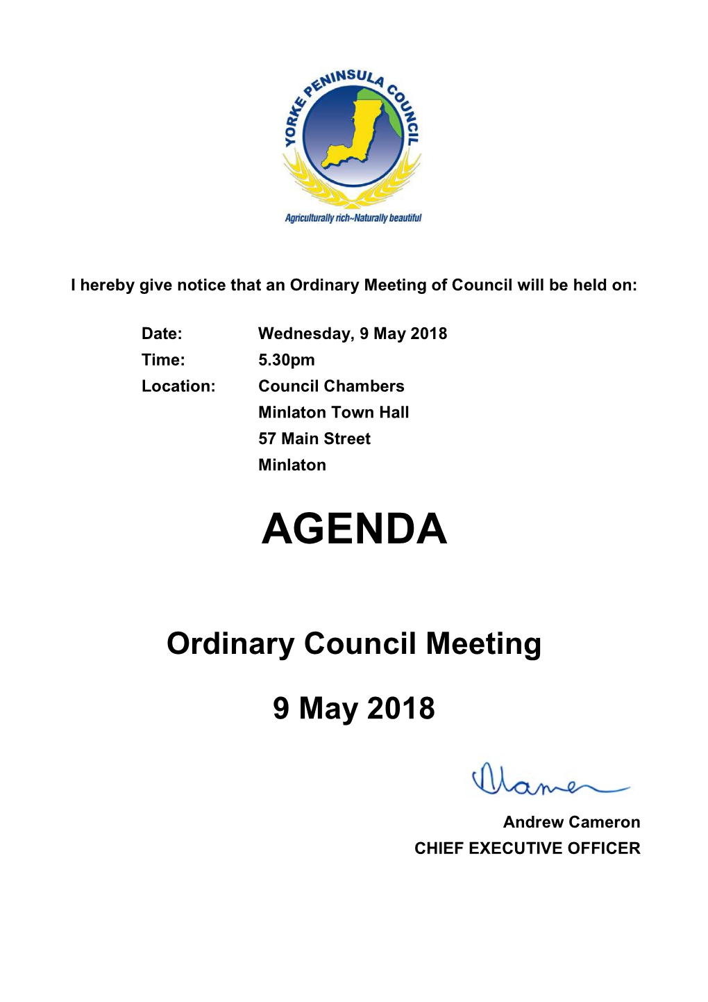 Agenda of Ordinary Council Meeting