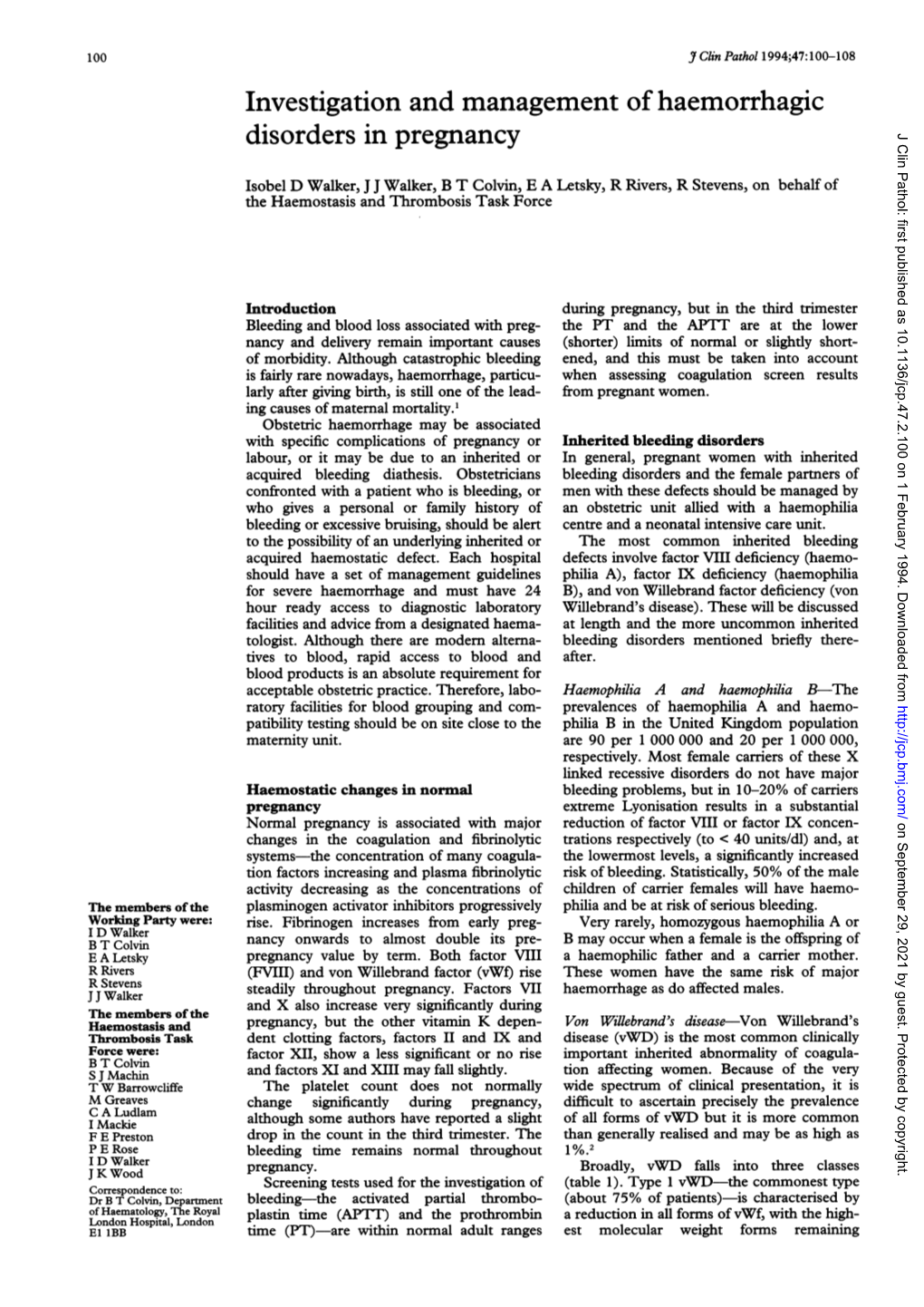 Investigation and Management of Haemorrhagic Disorders in Pregnancy J Clin Pathol: First Published As 10.1136/Jcp.47.2.100 on 1 February 1994