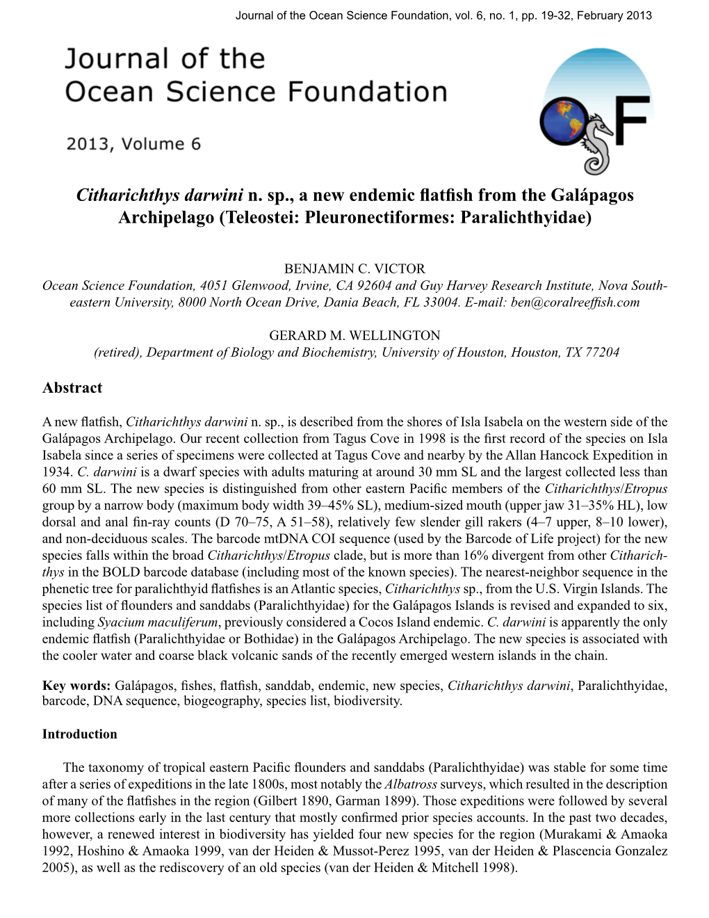 Citharichthys Darwini N. Sp., a New Endemic Flatfish from the Galápagos Archipelago (Teleostei: Pleuronectiformes: Paralichthyidae)