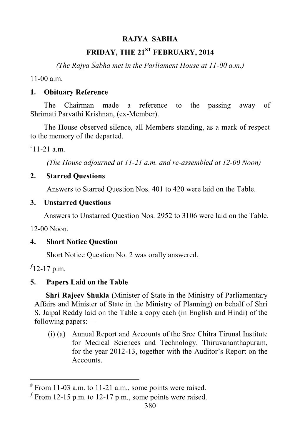 380 Rajya Sabha Friday, the 21St February, 2014