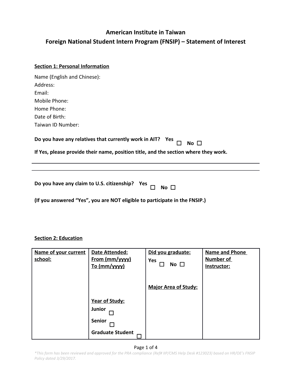 Foreign National Student Intern Program (FNSIP) Statement of Interest