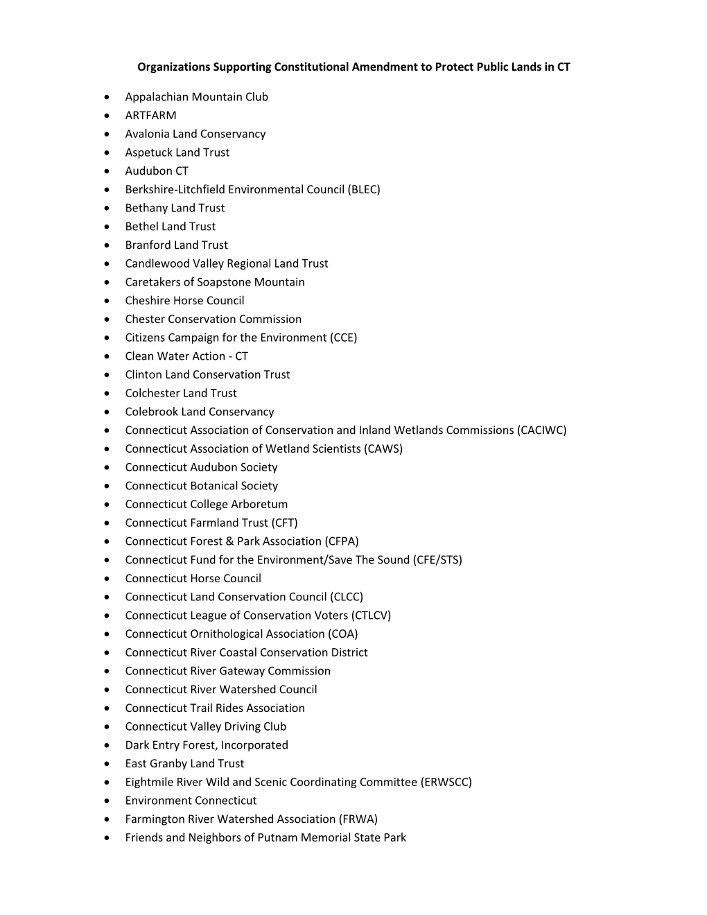 Organizations Supporting Constitutional Amendment to Protect Public Lands in CT • Appalachian Mountain Club • ARTFARM • Av