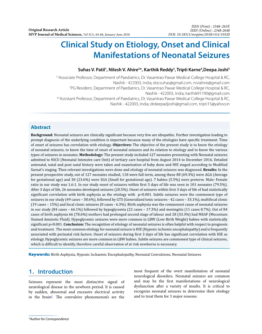 Clinical Study on Etiology, Onset and Clinical Manifestations of Neonatal Seizures