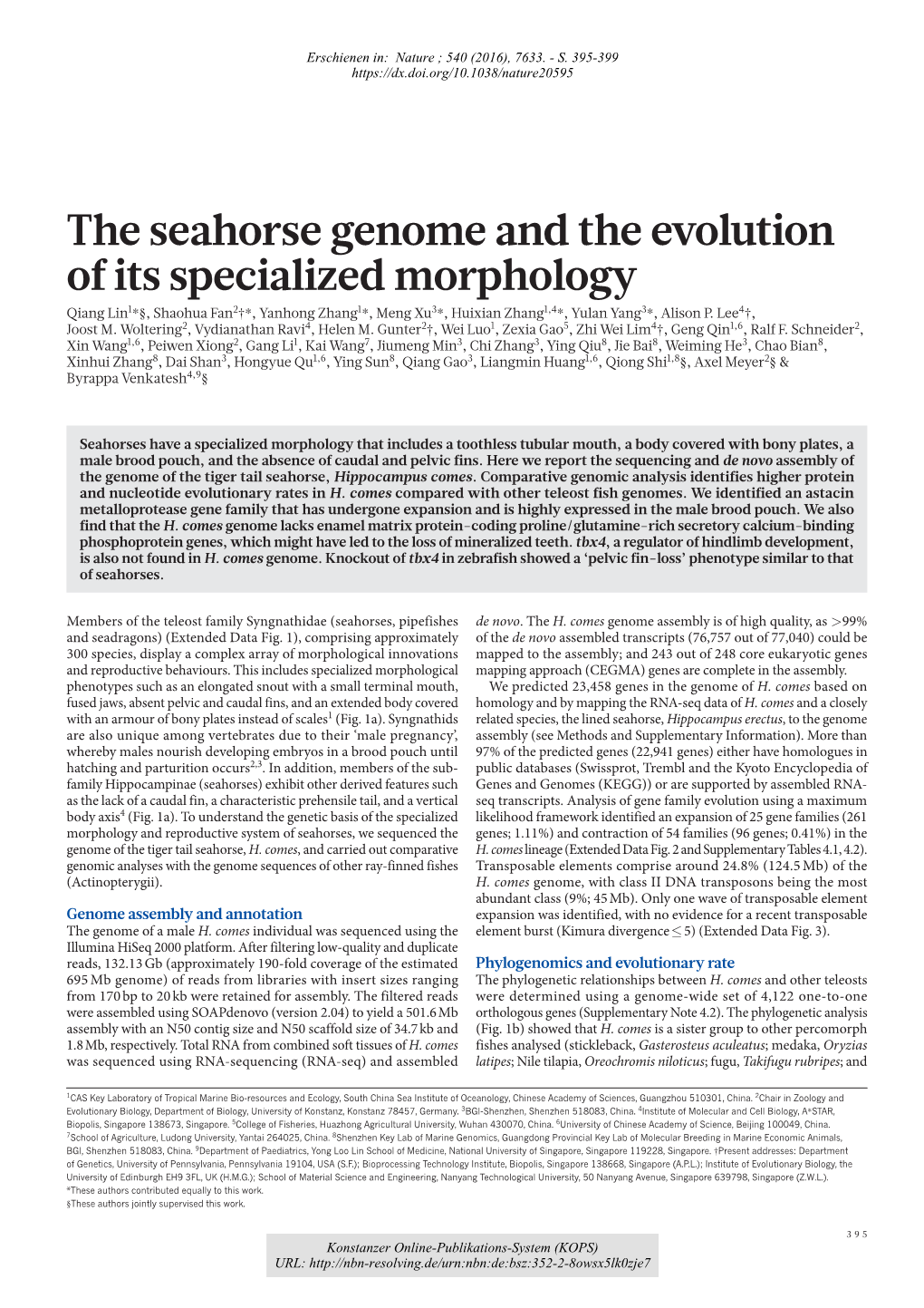 The Seahorse Genome and the Evolution of Its Specialized