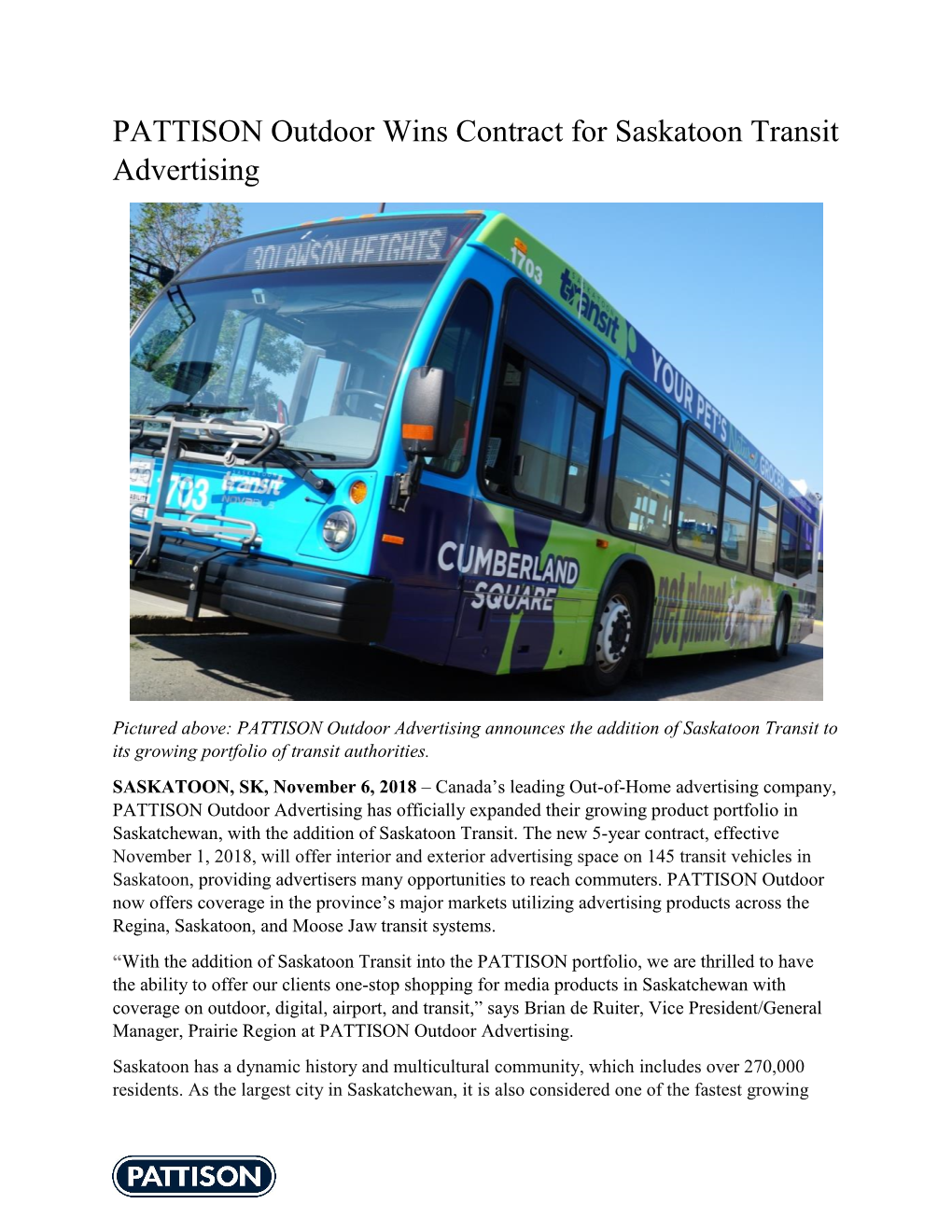 PATTISON Outdoor Wins Contract for Saskatoon Transit Advertising