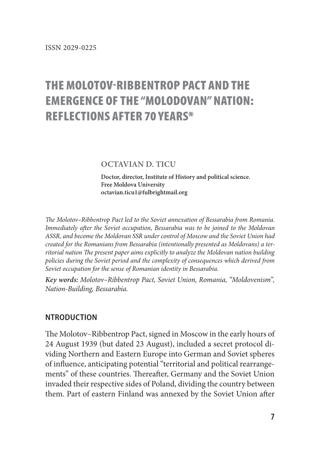 The Molotov-Ribbentrop Pact and the Emergence of the “Molodovan” Nation: Reflections After 70 Years*