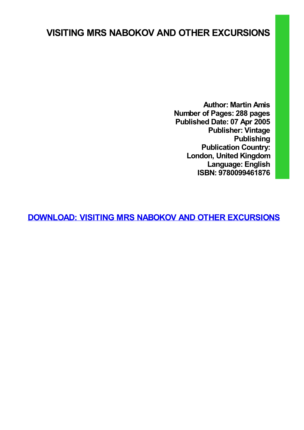 Visiting Mrs Nabokov and Other Excursions Ebook, Epub