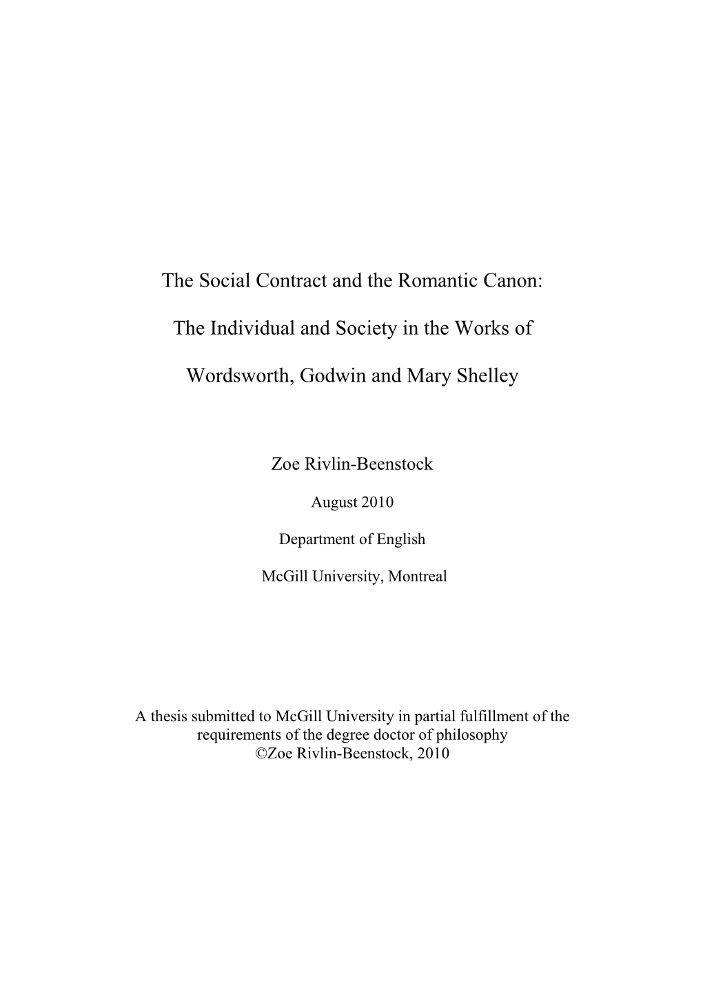 The Social Contract and the Romantic Canon: the Individual and Society