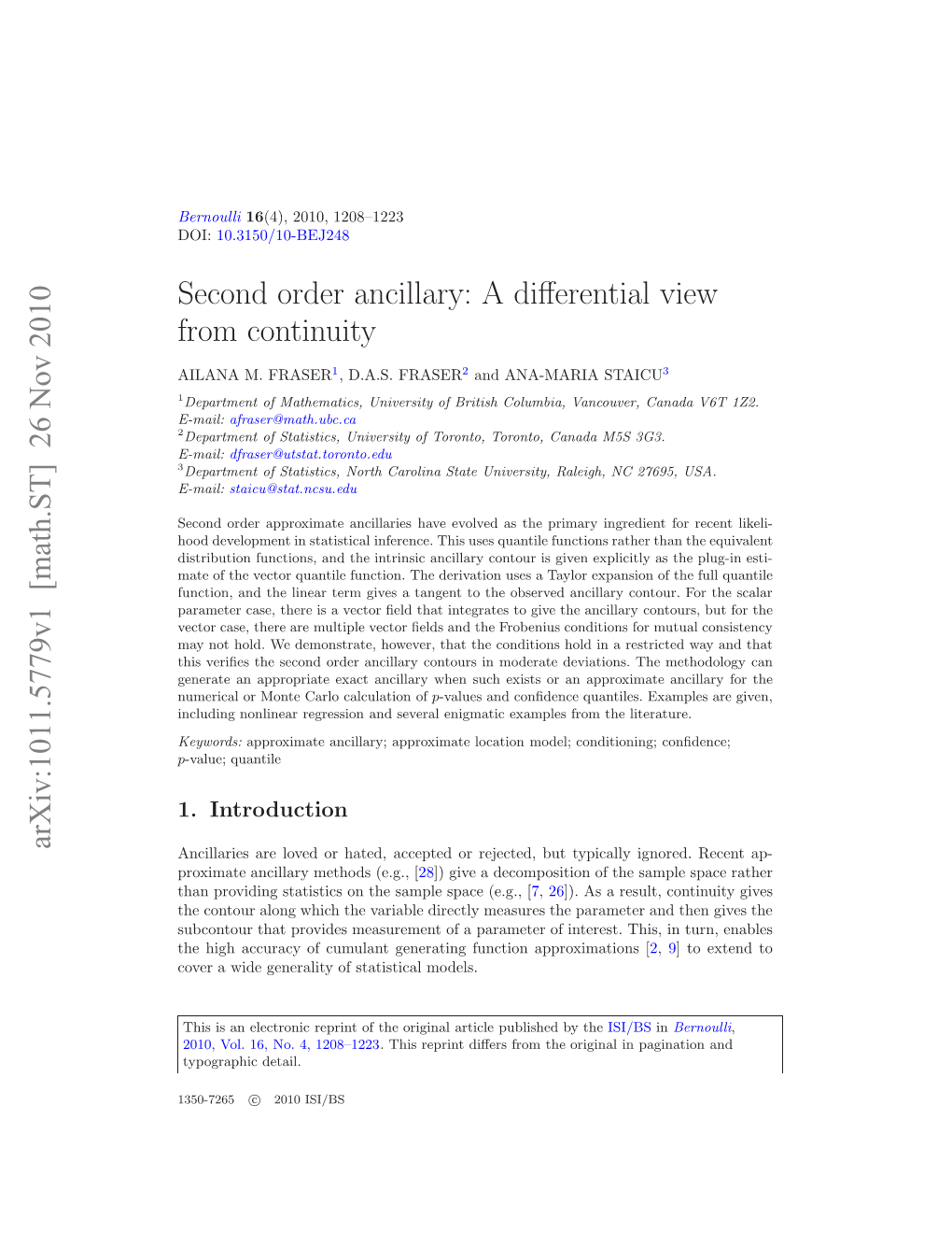 Second Order Ancillary: a Differential View from Continuity