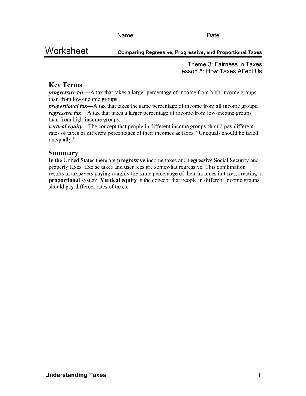 Worksheet: Comparing Regressive, Progressive, and Proportional Taxes