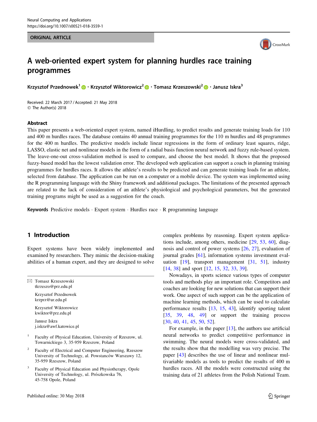 A Web-Oriented Expert System for Planning Hurdles Race Training Programmes