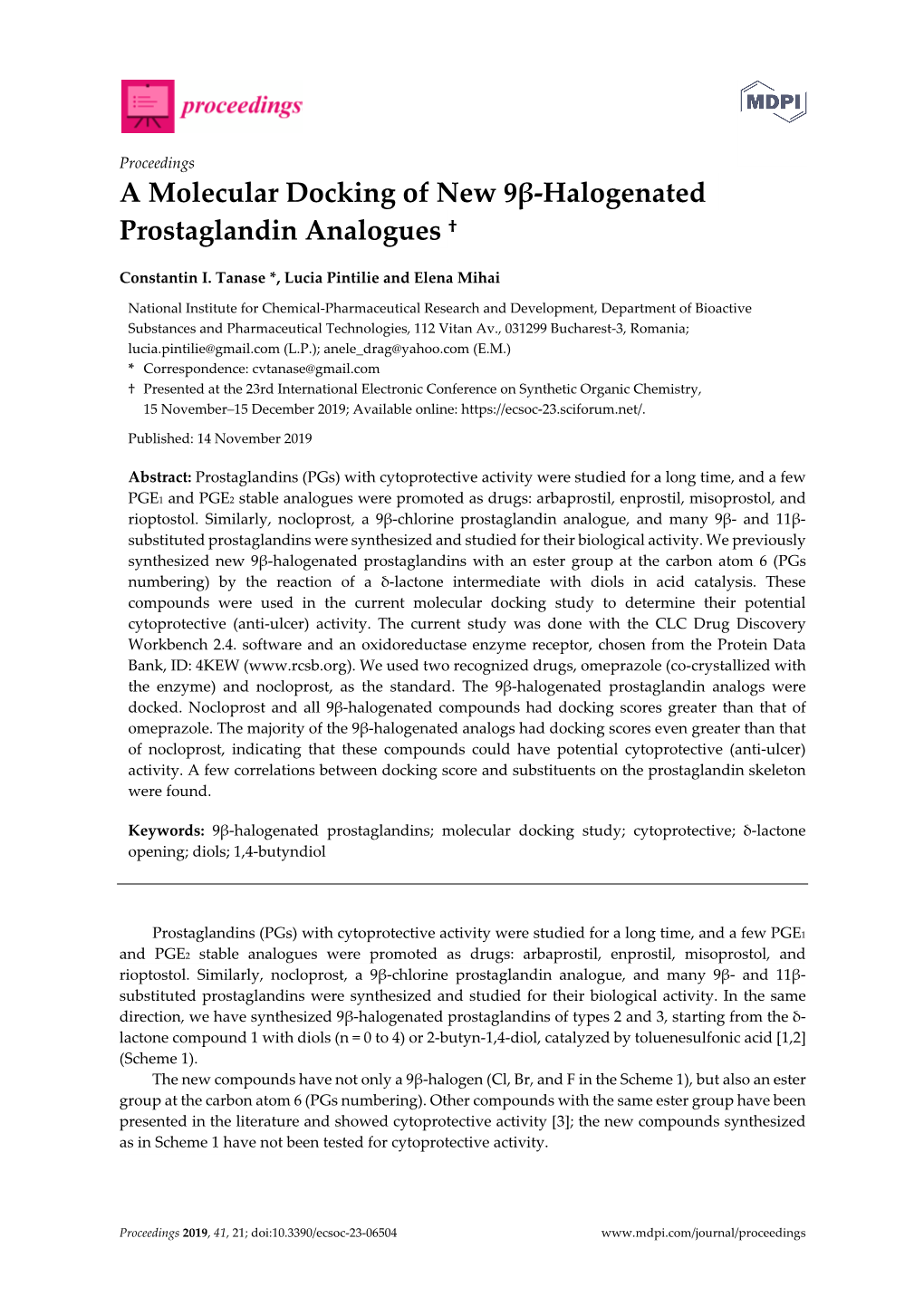 A Molecular Docking of New 9Β-Halogenated Prostaglandin Analogues †