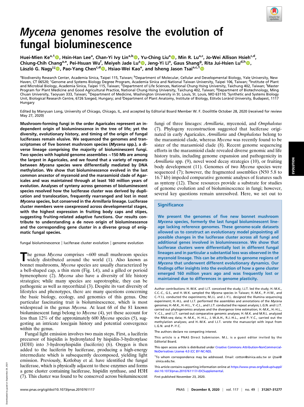 Mycena Genomes Resolve the Evolution of Fungal Bioluminescence