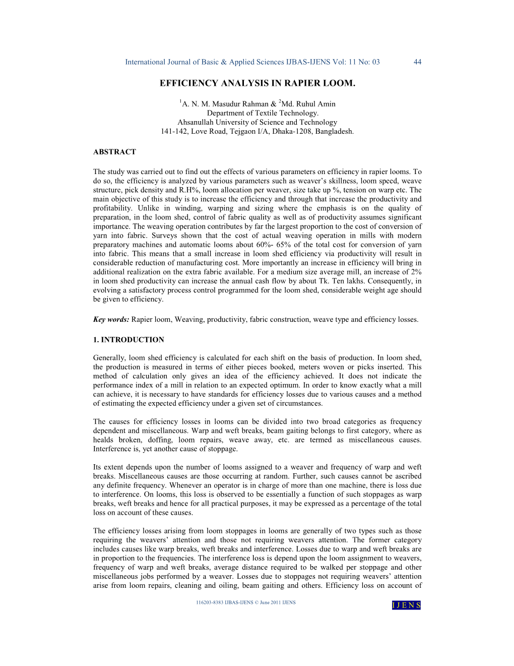 Efficiency Analysis in Rapier Loom