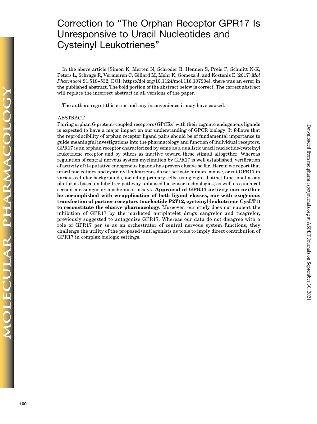 The Orphan Receptor GPR17 Is Unresponsive to Uracil Nucleotides and Cysteinyl Leukotrienes”